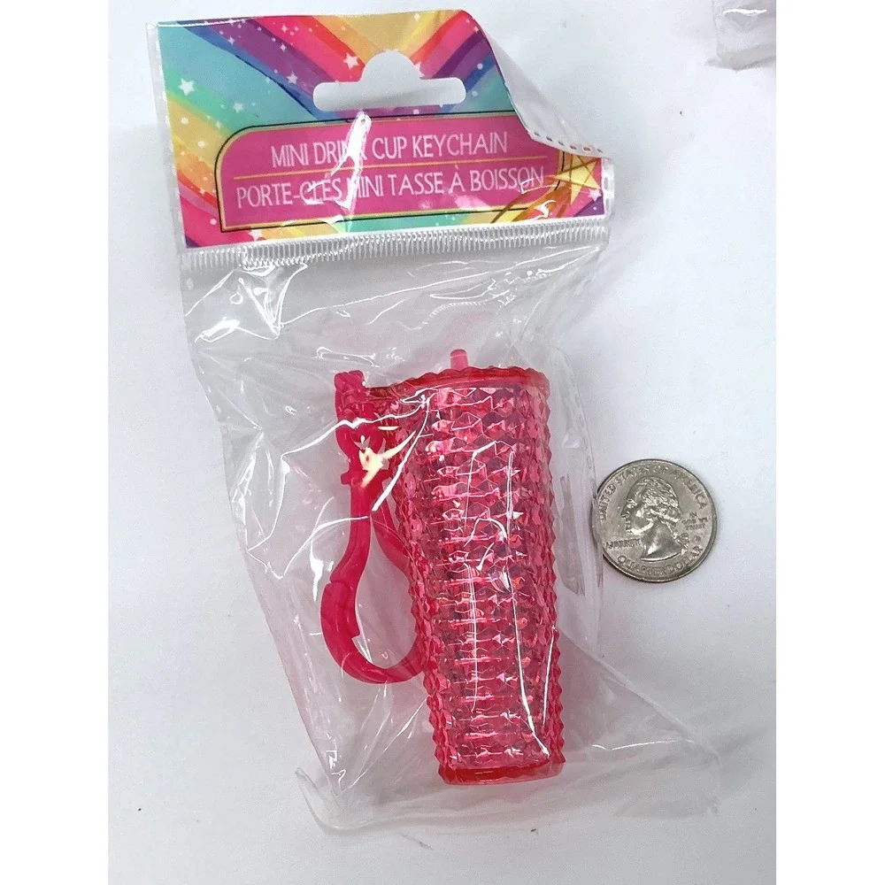 4pc Mini Drink Cup Keychain Set Studded Tumbler Style Bag Charms Multi Color-NEW